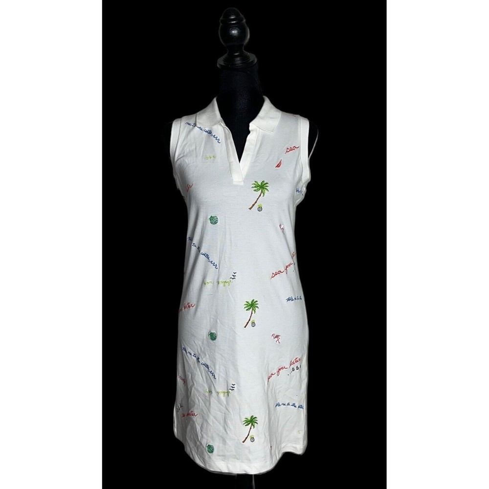 Nautica Womens XS White Cotton Stretch Embroidered Sleeveless Polo Casual Dress